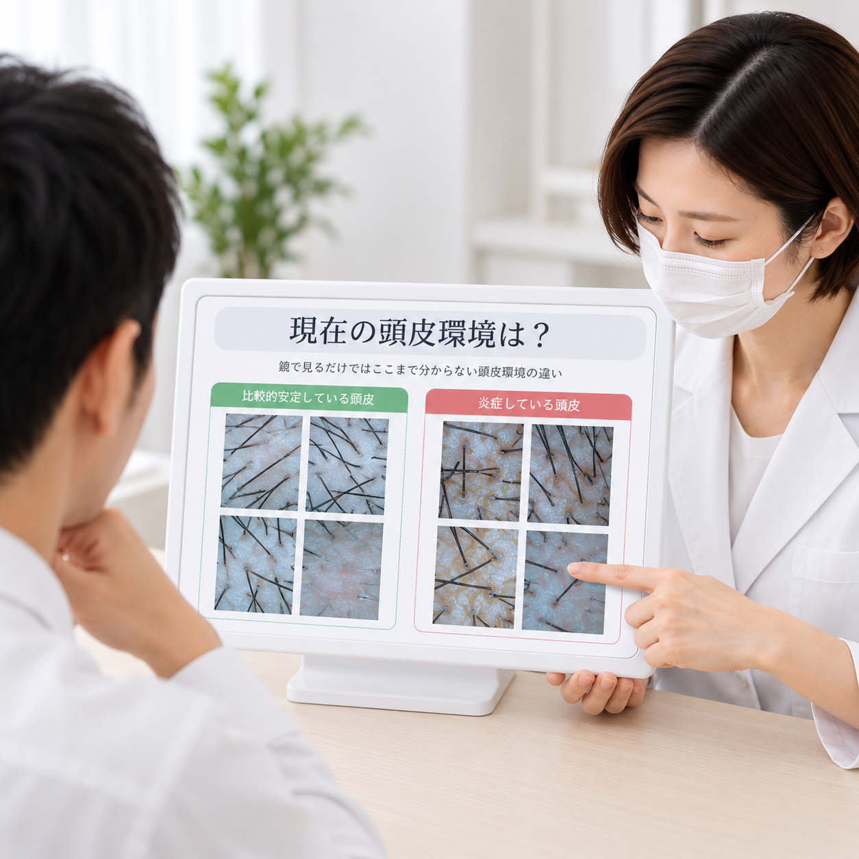 頭皮環境の違いについて資料を使って説明する様子