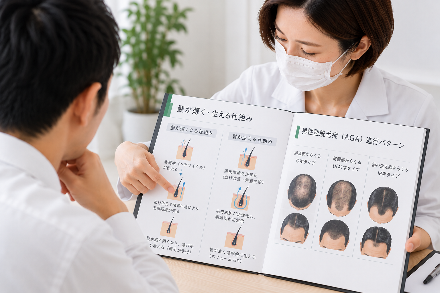頭皮の状態をもとに今後の育毛ケアについて説明する様子